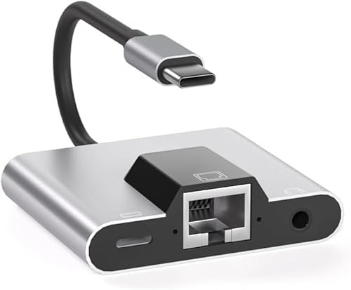 DUOBAGMA USB to Ethernet Adapter, Type-C to Ethernet USB C to 3.5mm Audio PD Fast Charging LAN Network Adapter Compatible with Laptop Tablet Phone