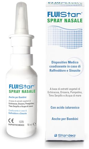 Stardea Fluistar Spray Nasale | Dispositivo Medico | Acqua di Mare Ipertonica e Acido Ialuronico | Echinacea, Drosera, Pompelmo e Timo | Senza Conservanti | Anche per Bambini | 50 ml