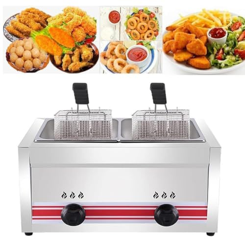 Friteuse à Gaz 10/20/30 L avec Paniers et Couvercle, Friteuse Professionnelle en Acier Inoxydable Robuste Fonctionnant, Contrôle de Température Réglable, pour Frites, Beignets, Poisson,20L