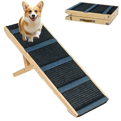 Hundtrappa, vikbar hundlampa av trä, 4-stegs höjdjusterbar 26–50 cm ramp för hund, katter, husdjurstrappa med halkfri matta och tvärstänger, för bil, soffa, säng (upp till 60 kg, 100 × 41 cm)