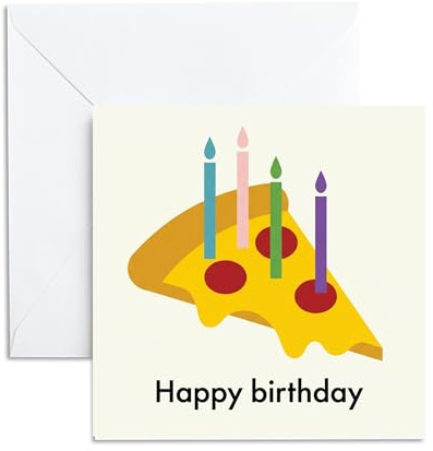 UNMOT Pizza Candles Birthday Card, 14.5 x 14.5 cm with Envelope | For men,women,friends, family or colleagues; Pizza slice with birthday candles, blank inside, thick cardstock