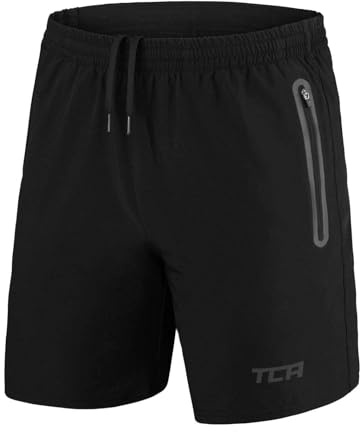 TCA Short Sport Homme Court - Short Homme Sport avec Poche Zipée - Bermuda de Running Léger Elite Tech Pas Cher - Vêtement en Polyester - Musculation - Fitness SS - Noir/Noir, XL