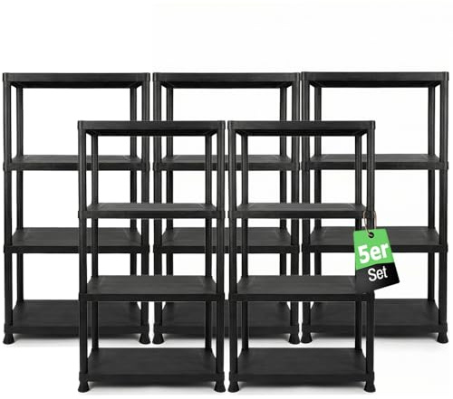 Ondis24 Steckregal 60 x 30 x 131 (H) cm, 4 Böden, Kunststoffregal, Schwerlastregal, bis zu 80 kg, Regal, Lagerregal (5 Stück)