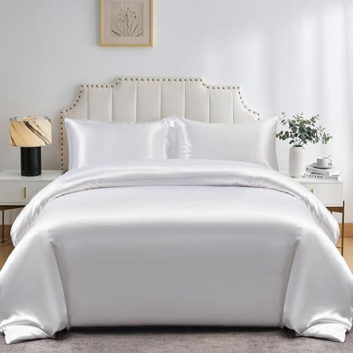 DuShow Satin Duvet Cover Set White Double,Soft Silky Duvet Cover And 2 Pillowcase Set,Lightweight Cooling Comforter Cover Set(White,Double)