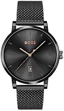 BOSS Analog Quarzuhr für Herren Kollektion Confidence mit Schwarzes Edelstahl-Mesh-Gliederarmband - 1513810