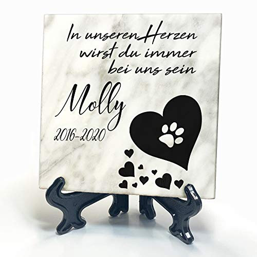 TULLUN Individueller Personalisierter Weißer Natur Marmor Gedenkstein + Ständer für Hunde, Katze und andere Haustiere - Größe 10 x 10 cm - Schwarzes Herz