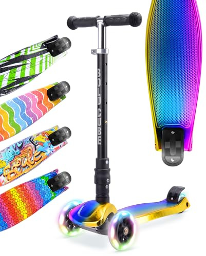 BOLDCUBE Big Fold Dark Night | Three Wheel Scooter for Children Ages 5-10 Years | LED Wheels with Flashing Lights | Height Adjustable 65 to 89 cm | Rear Reflectors