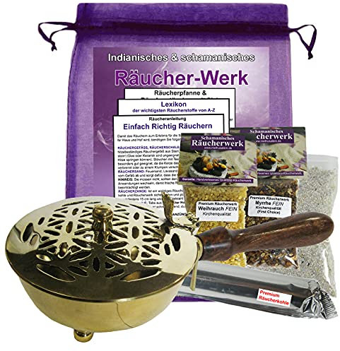 Räucherstövchen Räuchergefäß Weihrauchbrenner Blume des Lebens Räucherpfanne 8-TLG Räucherset mit Weihrauch, Myrrhe zum räuchern für Rauhnächte mit Räucherkohle & Räucherzubehör. 7860-1WM