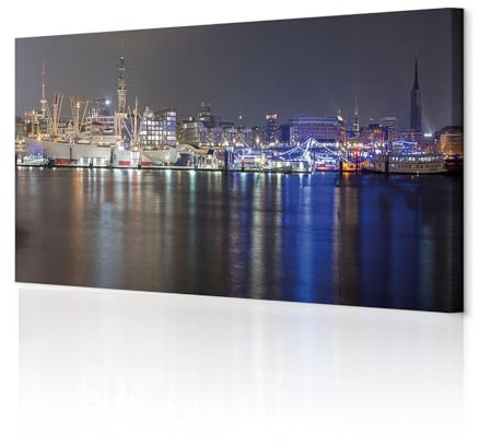 decomonkey Akustikbild Hamburg Stadt 135x45 cm XXL 1 Teilig Leinwand Modern | Bilder, Wandbilder XXL, Schallschlucker, Schallschutz, Akustikdämmung, Wandbild, Deko, Leise, Panorama, Nachtlicht, city