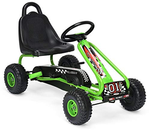 RELAX4LIFE Kinder Gokart mit Handbremse & verstellbarem Sitz, Tretauto mit Pedalen, Tretfahrzeug bis 30 kg belastbar, Kinderfahrzeug vor- & rückwärts fahrbar, Go Cart für Kinder von 3-6 Jahren (Grün)