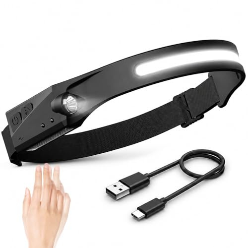 Dealeez Torcia Frontale LED Ricaricabile USB-C, Lampada Frontale con Sensore di Movimento, 230° Fascio Ampio, 350 lm, 300 m, 5 Modalità, IPX4, Luce da Testa Leggera per Running, Trekking e Lavoro