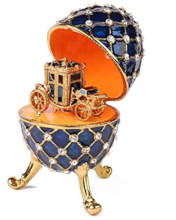 QIFU Vintage Blue Easter Egg Style Enamel Trinket Box with Mini Carriage(QF5291)