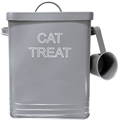 Nobel Cat Food or Cat Treat Storage Tin with Lid with Scoop Non Slip Pads (CAT TREAT, Grey)