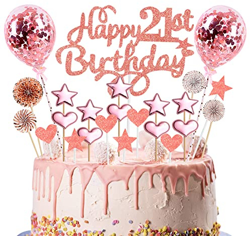 Happy Birthday Cake Topper 21st, 23pcs Rose Gold Glitter Happy 21st Birthday Cake Topper Kit with Star Heart Paper Fan Confetti Balloon, Cupcake Topper for Girls 21st Party Cake Decorations