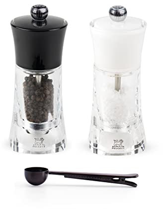 Peugeot Molene White Salt & Black Pepper Mill Gift Set , 5.5-Inch, - With Stainless Steel Spice Scoop/Bag Clip