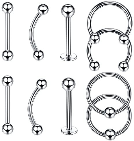 Lieson 10 Stück Nasenringe Nasenpiercing Edelstahl 16G Nasenring Nasenstecker Gebogen Gerade Stab C Form und Creolen 10MM Piercing Septum Knorpel Tragus Helix Ohrringe Silber