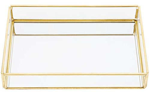 Bandeja de Espejo Dorado Para Tocador - Organizador de Perfumes y Joyería con Espejo, Metal Decorativo Adornado Para Maquillaje (S)