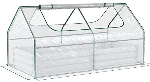 Outsunny Raised Garden Bed with Greenhouse, Steel Planter Box with Plastic Cover, Roll Up Window, Dual Use for Flowers, Vegetables, Fruits and Herbs, 185L x 95W x 92H cm, Clear