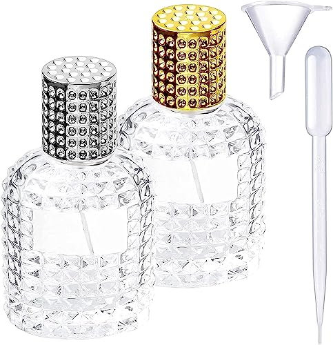 DITK-U 2 flaconi per profumo da 50 ml, ricaricabili, in vetro, vuoti, per profumo, ananas, per donne o ragazze (tappo argento+oro+imbuto+contagocce)