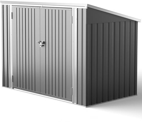 XEMQENER Garden Storage Shed, Lockable Outdoor Bike Storage with Door and Sloping Roof, Metal Galvanized Steel Shed for Garbage Bins, Garden Tools, Bike, Grey,(L176x W105x H130 cm)