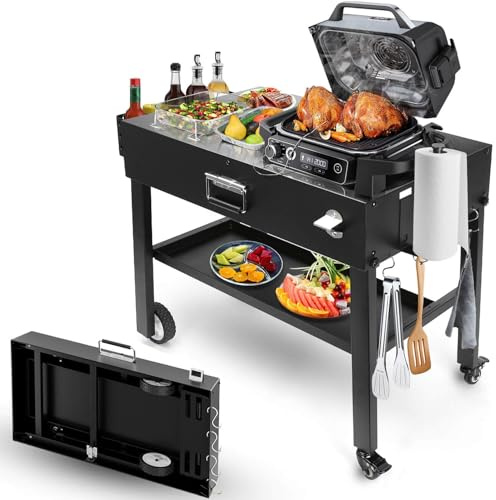 Hisencn Portable Outdoor Grill Table for Blackstone 43cm&56cm Griddle, Foldable Griddle Stand Lagre Space, Grill Cart for Ninja, Weber, Onni Portable Grills, Camping BBQ Prep Cart with Caddy, Black