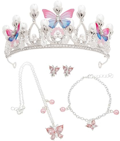 Zliger Krone Schmetterling Mädchenkopfschmuck Silber, Prinzessin Schmetterlingskrone Brautkopfschmuck mit Halskette Armband und Ohrringen für Cosplay Geburtstagsfeier Urlaub Party Geschenk