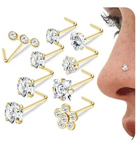 LOLIAS 9 Stück 20G Nasenpiercing Stecker Nostril Piercing Chirurgenstahl | 9 Pcs 20G L Förmige Schraube Nostril Piercing 316L Chirurgenstahl CZ Schmuck Set für Damen und Herren