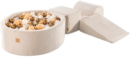 MEOWBABY Schaumstoff Bausteine Kinder mit Bällebad 90x30cm – Softbausteine Baby – Softbausteine XXL für Kinder – Baby Klettern Indoor – Schaumstoffklötze für Spiel, Cord, Ecru