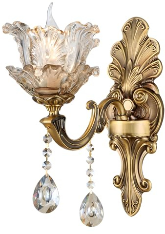 Vintage Floral Wall Mount Lamp 1 Head Crystal Glass Shade Wall Sconce Light Retro Golden Bronze Color Decoration Metal Wall Lamp, Bedside Living Room Restaurant Stairs Hotel Bars (E14 Base, No Bulb)