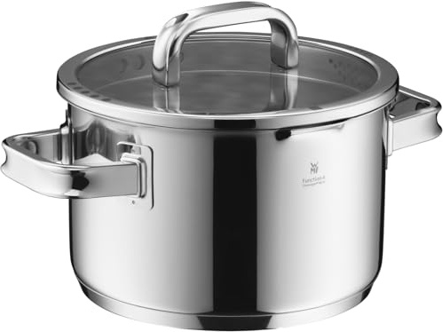 WMF Function 4 Advanced - Cacerola grande (20 cm, tapa de cristal, 3,4 L, acero inoxidable Cromargan pulido, 4 funciones de vertido, escala interior), color plateado