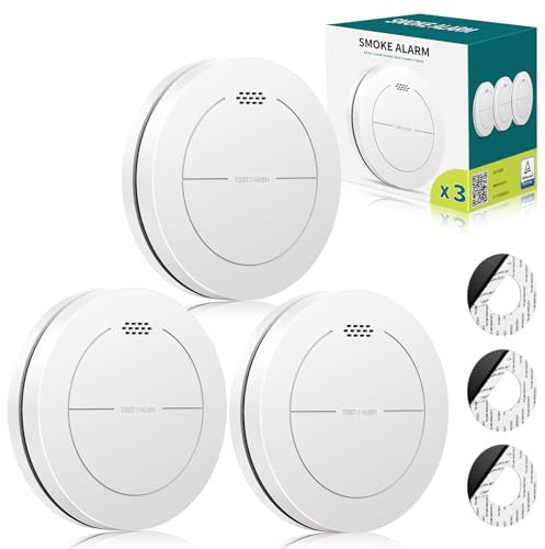 Safeliveo Rilevatore di fumo, batteria da 10 anni,senza LED lampeggiante, funzione silenziosa, con cuscinetti adesivi, suono di allarme da 85 dB, allarme antincendio domestico, 3-Pack (Autonomo)