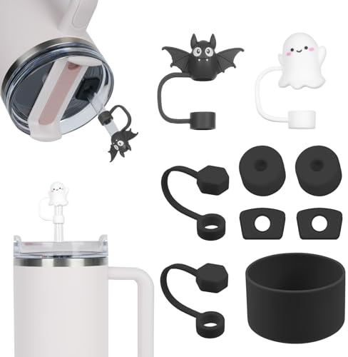 AUAUY Accessories for Stanley Cup, 2PCS 9-10mm Straw Cover Cap (Black) | 6PCS Silicone Spill Proof Stopper, 1PCS Silicone Boot for Stanley Cup 40Oz&30Oz, Halloween Decoration Accessories