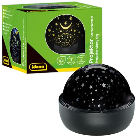 Idena 50145 - Proiettore LED cielo stellato, si illumina nei colori bianco, blu e giallo, proiettore LED cielo stellato con 2 modalità, per uso interno, a batteria, circa 16,2 x 13 cm