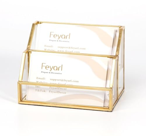 Feyarl Visitenkartenhalter Glas & Metall Doppeltrapez Design, Kartenständer für 120-160 Visitenkarten, Schreibtisch Organizer Büro Deko Geschenk (Gold)