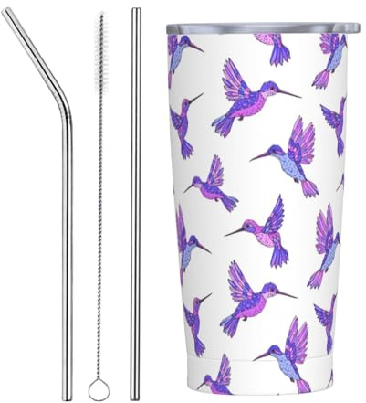 VOSERY Botella de agua de 20 onzas con tapa y popote, vaso aislado de colibrí morado, vasos de acero inoxidable, taza de café de viaje, vaso personalizado
