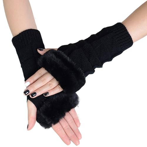 AWOCAN Armstulpen Damen Winter Kunstfell Strick Fingerlose Handschuhe Winter Fingerlose Handgelenkwärmer Fäustlinge mit Daumenloch (Schwarz)