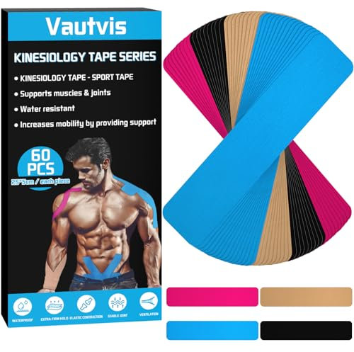 Vautvis Kinesio Tapes, 60 Kinesiologie Tape Precut (25 X 5cm), Kinesiotapes, Tape Sport, Wasserfeste & Hautfreundliche Physio Tape und Sporttape Bietet Unterstützung für Gelenke und Muskeln