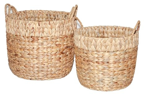 Wickerfield Water Hyacinth Woven Round Storage Laundry Basket Wicker Gift Hamper with Handle Large Home Blanket Bathroom Toy Organizer (Set)