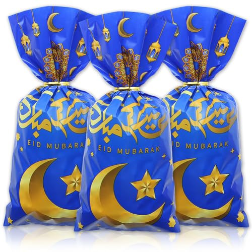 Eid Zellophanbeutel, 100 Stück Ramadan Mubarak Kunststoff Süßigkeitentüten mit Drehverschlüssen, Eid Moon Zellophan Leckerli Tüten für Muslimischen Islam, Ramadan-Mottoparty