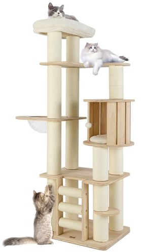 COSTWAY Cat Tree, 180cm Tall Cats Tower with Padded Perch, Condo, Space Capsule, Scratching Posts, 3-Step Ladder & Dangling Ball, Multi-level Kitty Activity Center for Indoor Cats