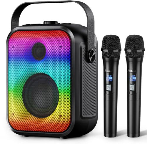 Karaoke Maschine für Erwachsene mit 2 kabellosen Mikrofonen, tragbarer Bluetooth-Lautsprecher mit Stereo-Kopplung, Bassregelung, LED-Beleuchtung und Unterstützung für FM/USB/AUX | Tragbarer Bluetooth-Lautsprecher mit Bass-Anpassung, LED, unterstützt FM/USB/AUX