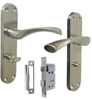 Epsom Door Handle Satin Nickel Twist Door Handle Set Interior Latch Lever on Long Backplate in 1 or 2 Pairs Optional Sash Lock (1 Pair of Bathroom Handles Bathroom SASH Lock)