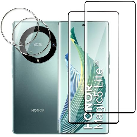Jinshiweikai 4 Piezas: 2 x Protector Pantalla para Honor Magic 5 Lite y 2 x Protector Pantalla Protector de Lente de Cámara, 3D Cobertura Completa, Dureza 9H Antiarrayazos, HD Ultraclaro