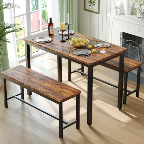Tatub Dining Table Set for 4, 3-Piece Kitchen Table with 2 Benches