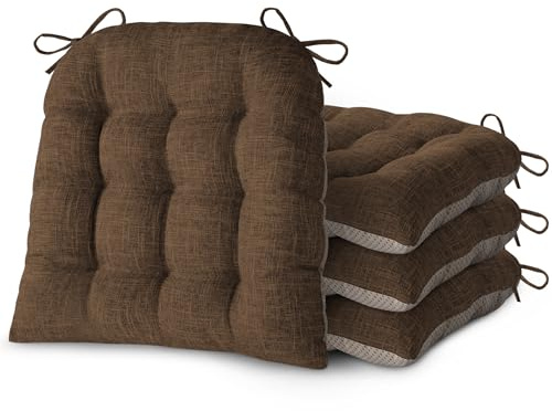 FlyGulls Chair Cushions for Dining Chairs Set of 4 Durable D-Shaped Seat Cushions with Non-Slip Backing Secure Ties Thick Cozy Seat Pad for Kitchen Dining Room Office(18x16.5x3in Coffee)