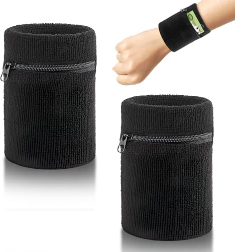 Yuiturt 2 Stück Schweißband Sport Wristband Handgelenktasche mit Reißverschluss, Baumwoll Schweißband Arm Sport Wristband Handgelenktasche für Fußball,Basketball und Tennis, schwarz