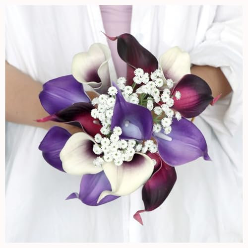 BrightGlow Ramo de novia para boda, ramo de rosas artificiales, ramo de novia, ramo de flores secas, flores de satén, rosas hechas a mano, ramo de dama de honor para boda, color lila