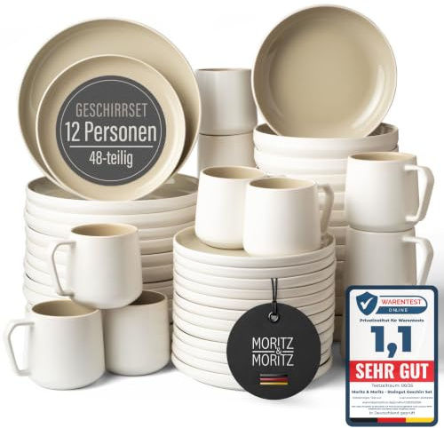 Moritz & Moritz Steingut Geschirrset 12 Personen mit Tassen 48-tlg. - Modernes Tafelservice in der Farbe Sand - Kombiservice mit Teller Set, Schüsseln & Tassen - Kaffeeservice - Serie Cavo