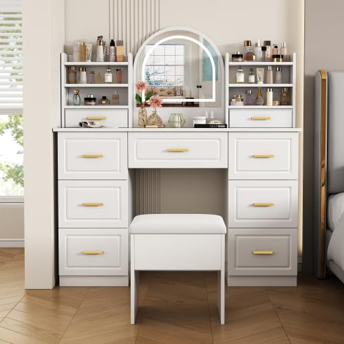 Hommdiy Tavolo da toilette con specchio, tavoli da toilette con illuminazione a LED, tavolo cosmetico con 9 cassetti, tavolo da toilette, bianco, per soggiorno camera da letto, 120x40x135cm