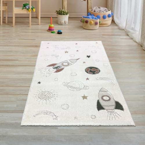 Teppich-Traum Kinderteppich Weltraummotiv Creme Grau Beige 80x150 cm | Sterne, Planeten, Raketen und Kometen, 3D-Hoch-Tief-Effekt, weicher Flor, pflegeleicht, robust, OEKO-TEX, Kinderzimmer